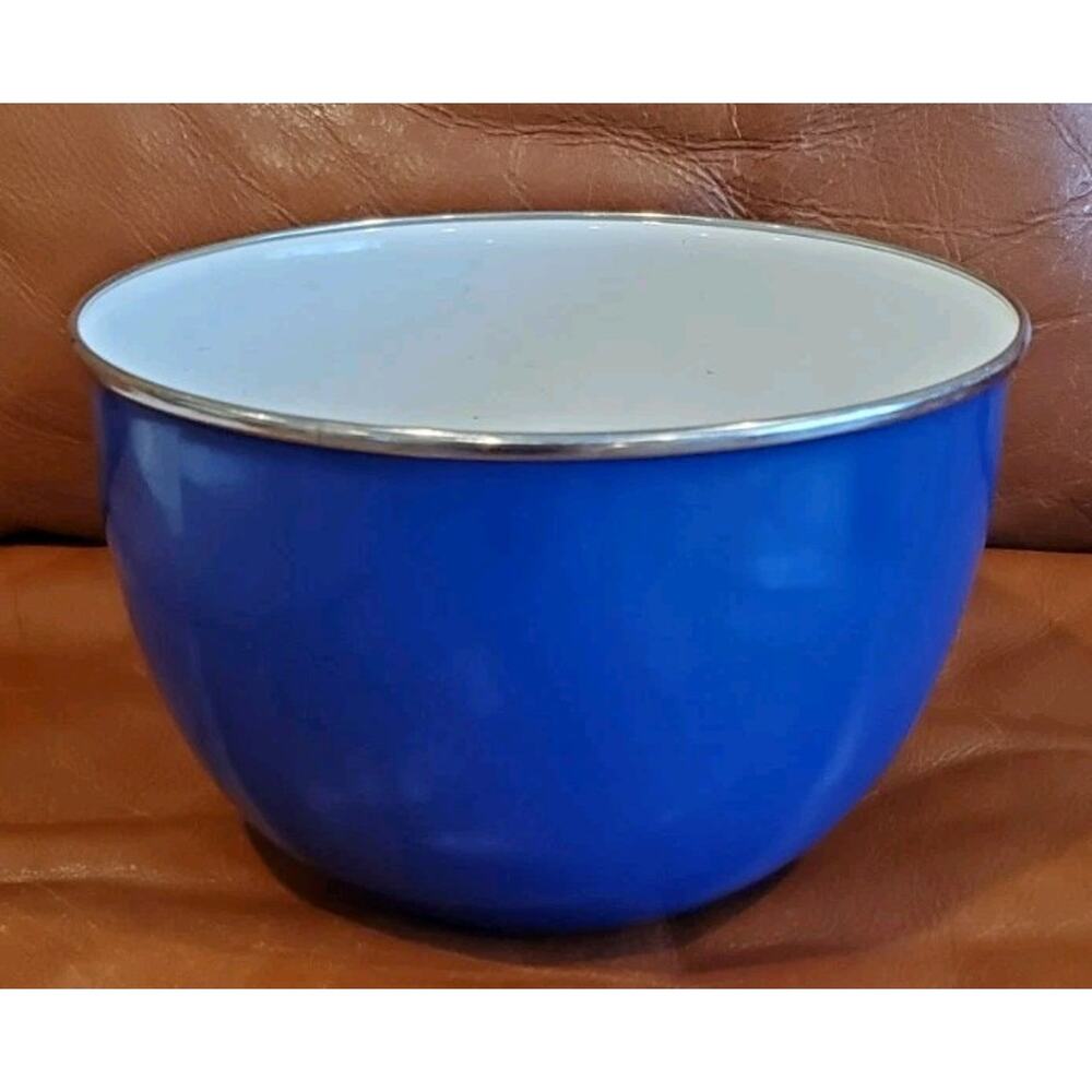 8.5 Inch X 5 Inch Blue White Enameled Silver Rim Mixing Bowl Flaws